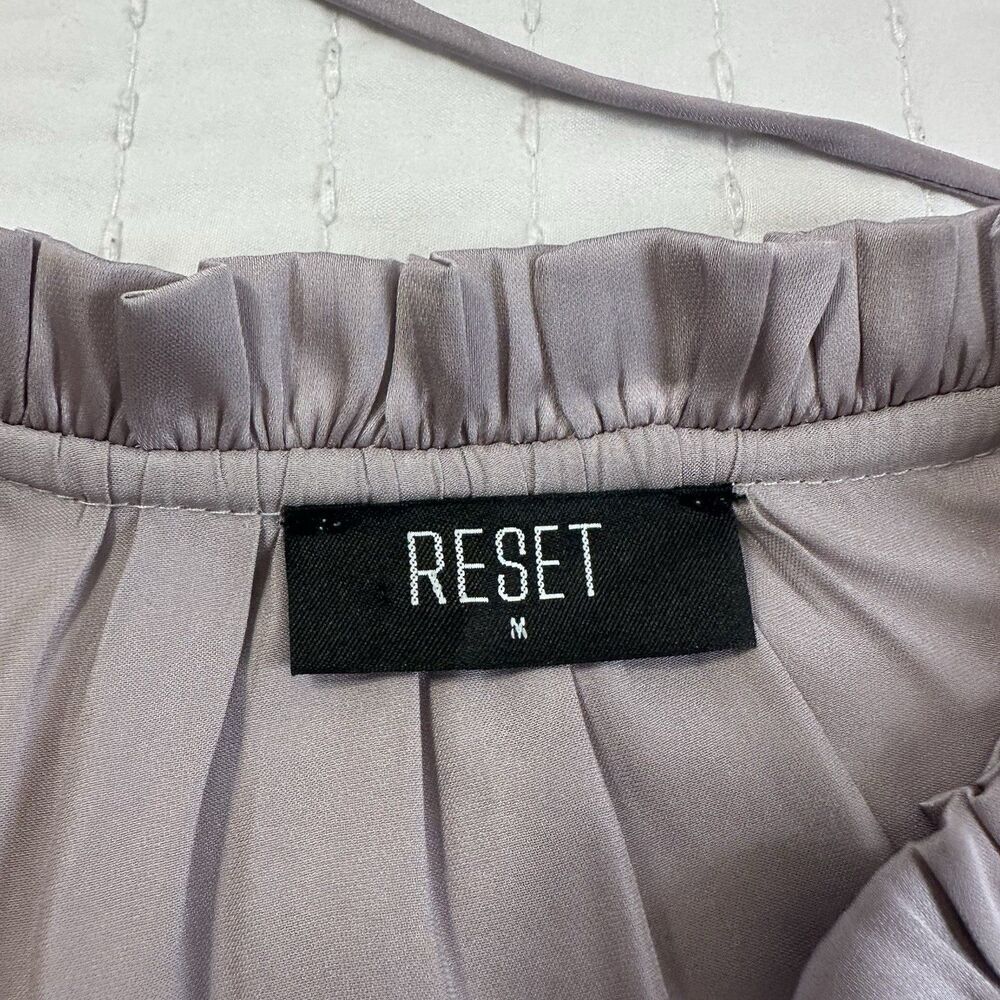 RESET by Jane Ruffle Smocked Tiered Mini Dress Pleated Satin Size M Lavender - Picture 13 of 14